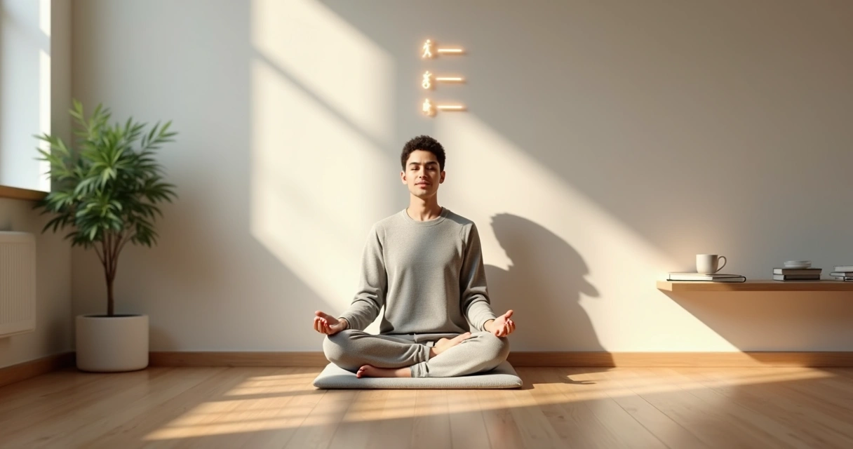 Pessoa meditando em frente a uma parede com marcas sutis de progresso 