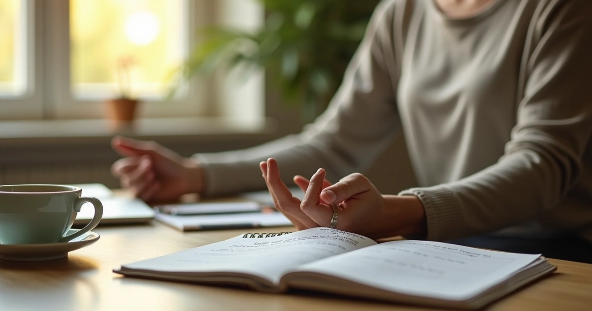 Pessoa em meditação diante de mesa de trabalho antes de uma decisão