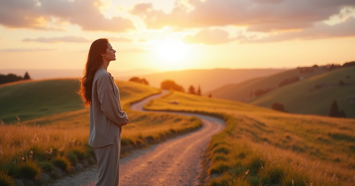 Pessoa meditando em pé diante de encruzilhada em paisagem ampla ao amanhecer 