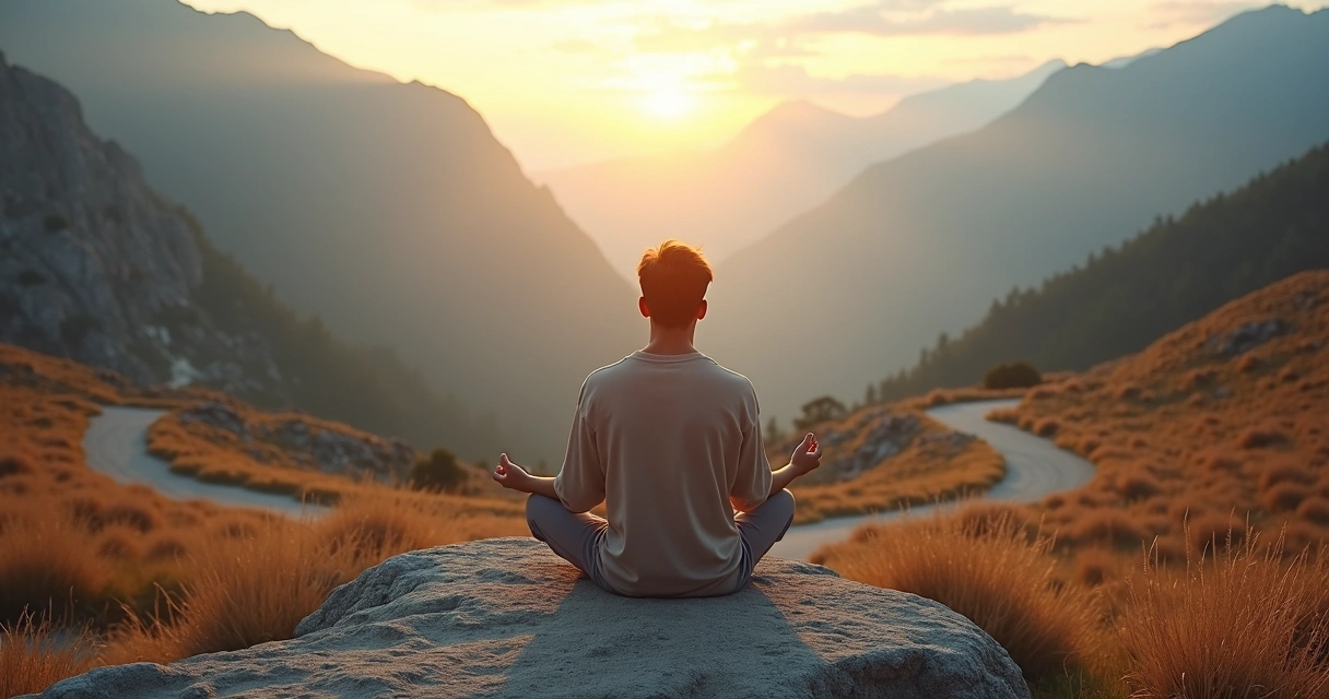 Pessoa meditando sentada diante de duas estradas em paisagem montanhosa 