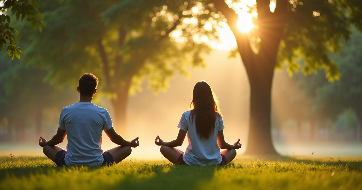 Duas pessoas meditando em posição de lótus em um parque, com clima de manhã, ambas com semblante sereno, árvore ao fundo e leve névoa ao redor. 