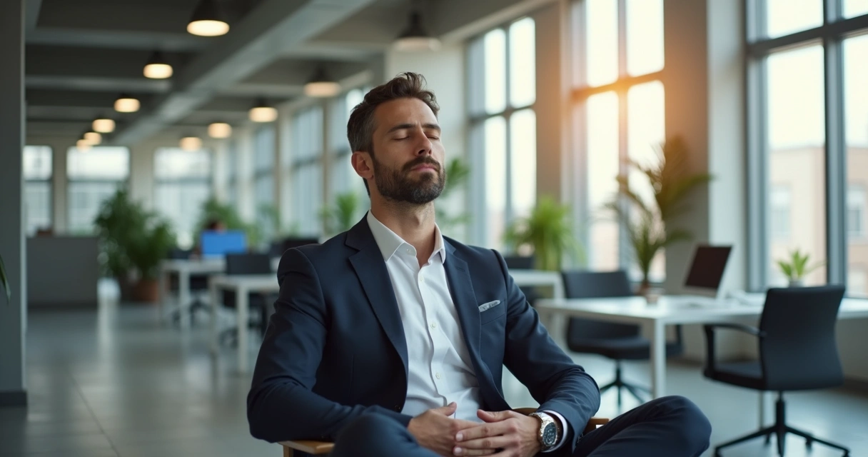 Homem sentado, relaxando e meditando em cadeira de escritório 