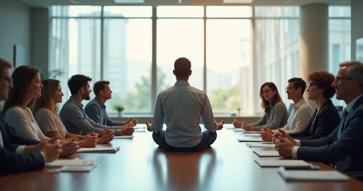 Pessoa sentada em postura meditativa em sala de reunião, com colegas atentos ao redor 