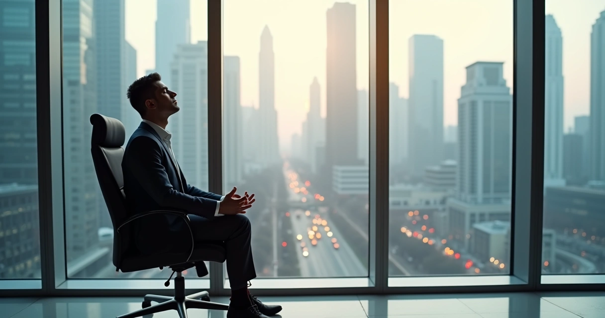 Pessoa meditando sentada em cadeira de escritório com janelas mostrando a cidade ao fundo