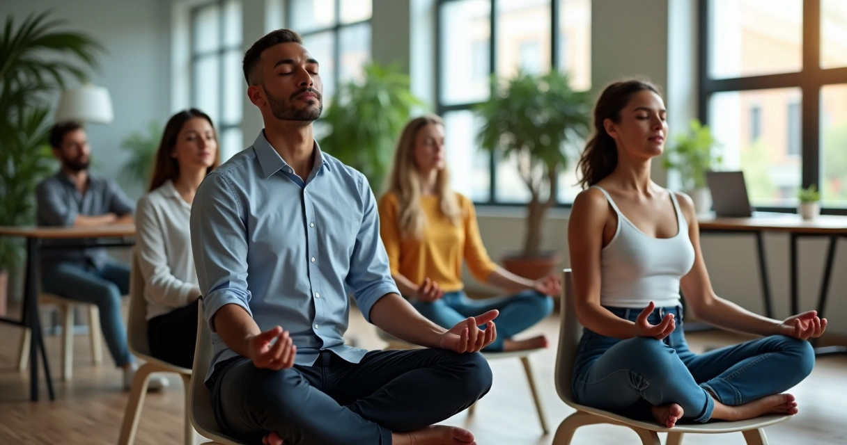 Colaboradores sentados praticando meditação no escritório 