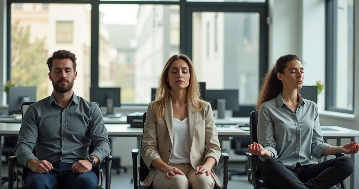 Três colegas sentados em cadeiras de escritório meditando juntos 