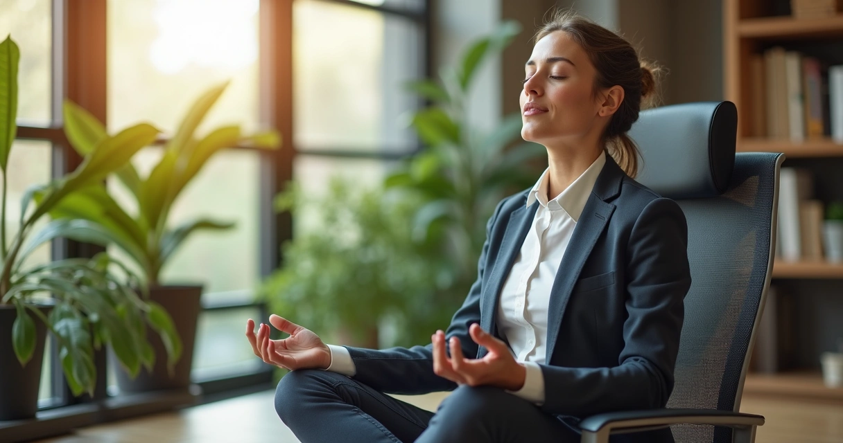 Profissional meditando em cadeira na empresa de olhos fechados 