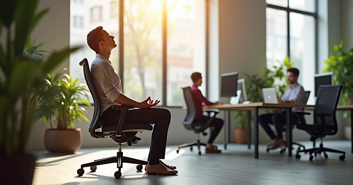 Pessoa sentada em cadeira de escritório com olhos fechados, mãos apoiadas sobre o colo, postura relaxada, com computadores e plantas ao fundo 