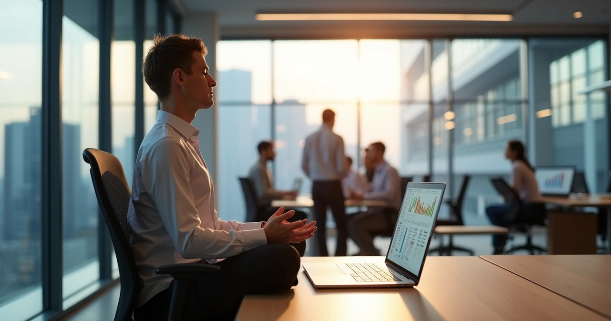 Profissional sentado em meditação em escritório moderno com gráficos na tela 