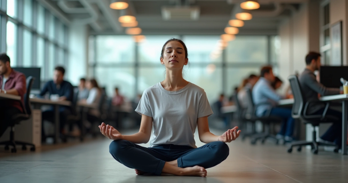 Pessoa meditando em escritório com colegas ao fundo 