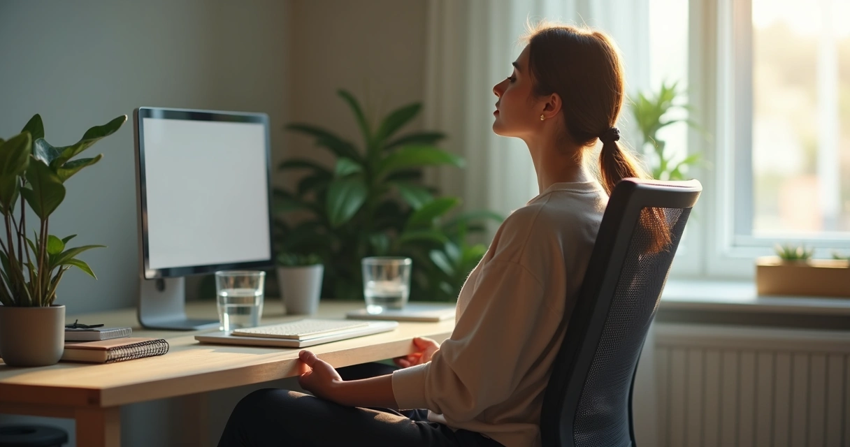 Pessoa sentada em cadeira fazendo pausa de meditação no home office