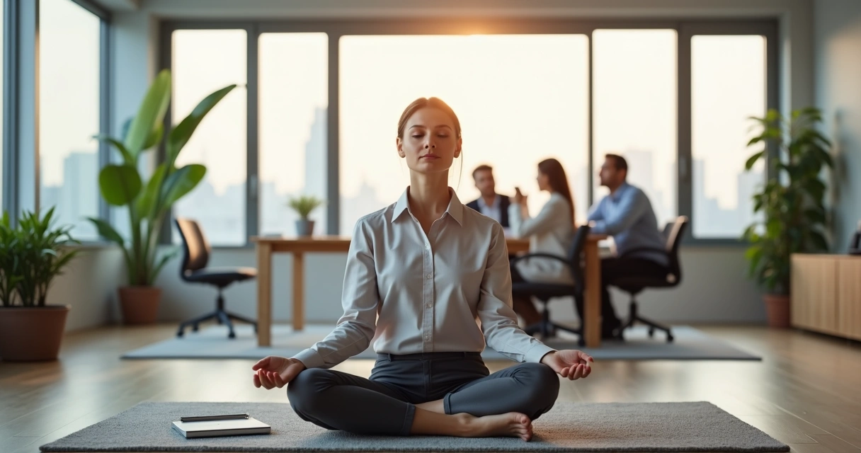 Profissional meditando em escritório calmo com colegas ao fundo em reunião tranquila 