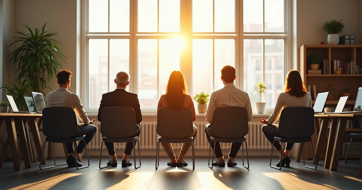Pessoas sentadas em cadeiras próximo à janela, meditando em escritório iluminado pelo sol. 