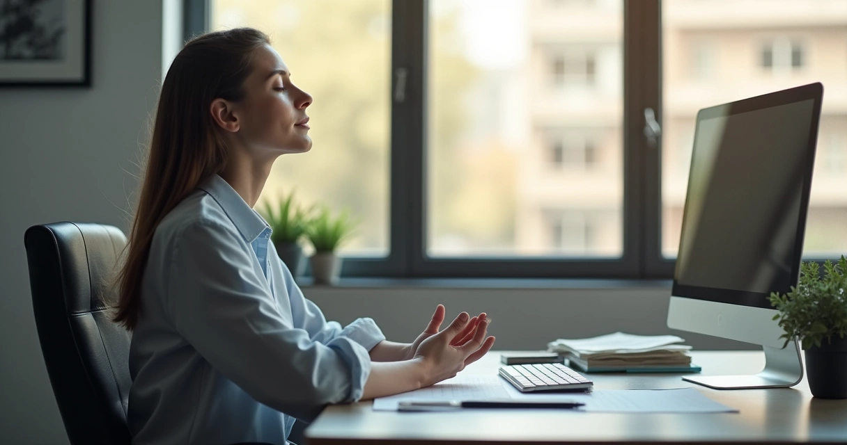Pessoa sentada à mesa do escritório meditando discretamente 