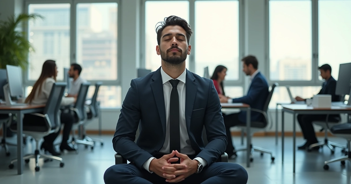 Pessoa sentada à mesa do escritório em posição de meditação, olhos fechados, ambiente moderno de escritório ao fundo, luz suave entrando pela janela