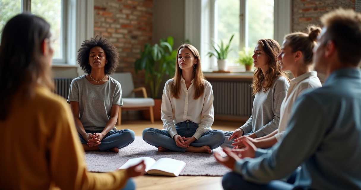 Grupo de pessoas sentadas em círculo, olhos fechados, praticando escuta ativa após meditação guiada