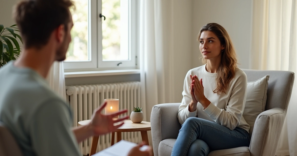 Mulher em meditação atenta ouvindo homem em conversa profunda 