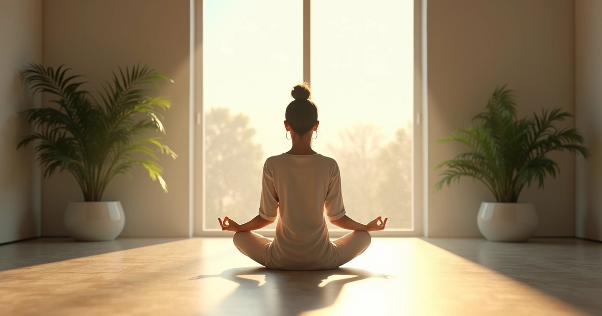 Pessoa meditando em posição de lótus diante de janela com luz natural