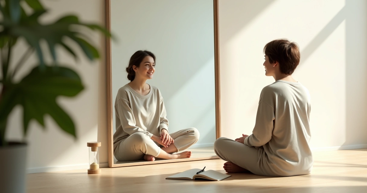 Pessoa em posição de meditação observando reflexo tranquilo em espelho grande 
