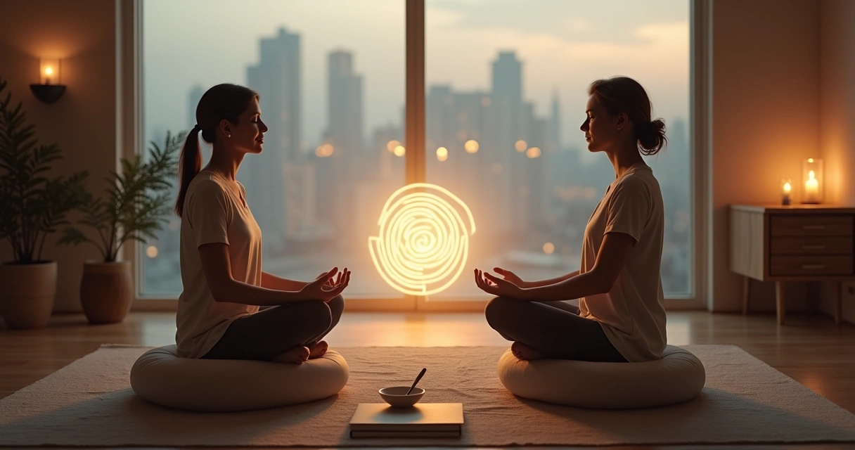 Duas pessoas sentadas frente a frente com espiral de luz conectando entre elas 