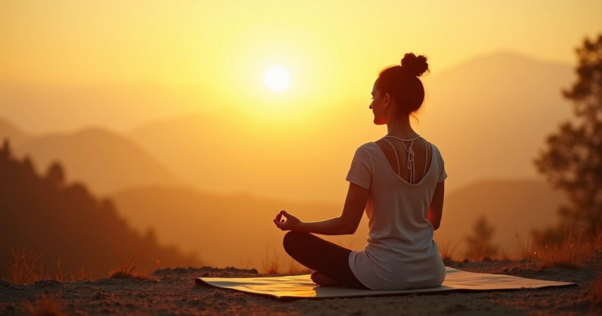 Pessoa meditando sozinha em tapete ao amanhecer com paisagem suave ao fundo 