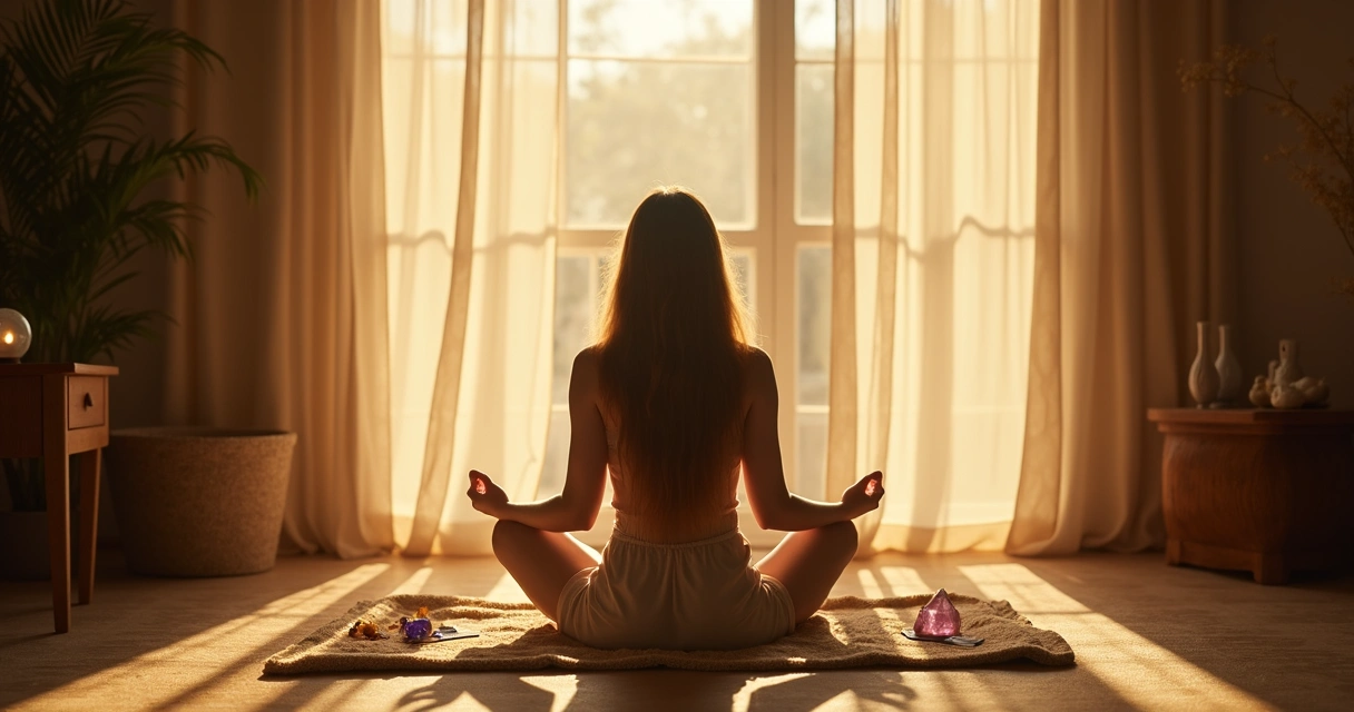 Pessoa sentada meditando em ambiente tranquilo e iluminado 