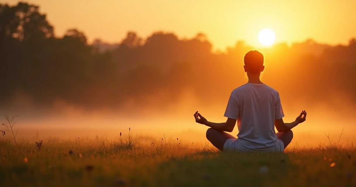 Pessoa meditando sentada em posição de lótus em um ambiente natural, ao nascer do sol, luz suave ao redor