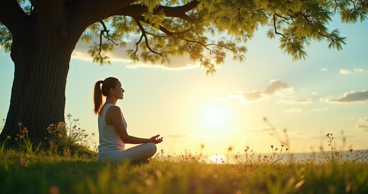 Mulher meditando sob árvore, cercada por símbolos de espiritualidade, com luz suave e flores ao redor.