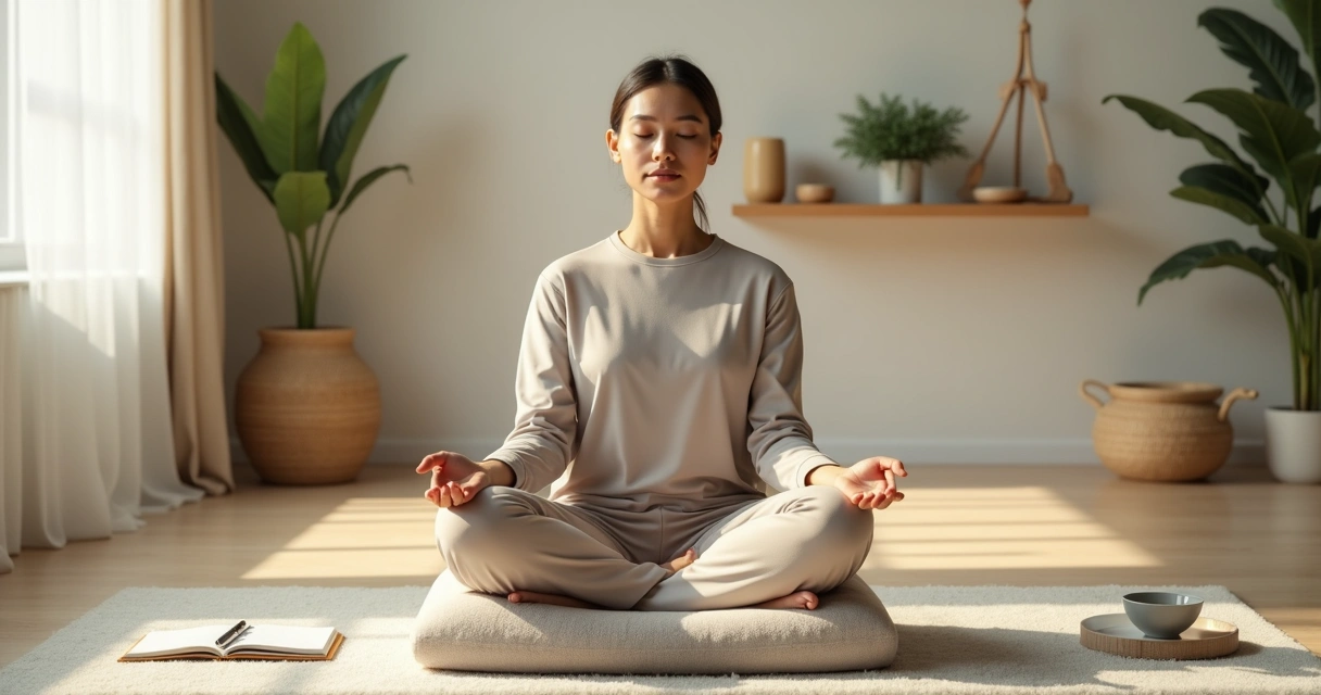 Pessoa meditando em casa com luz natural e atmosfera tranquila 