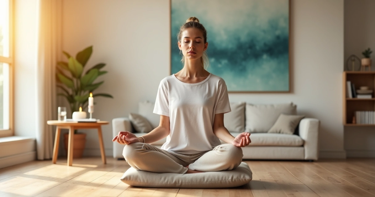 Mulher meditando em posição de lótus em sala iluminada pela manhã 