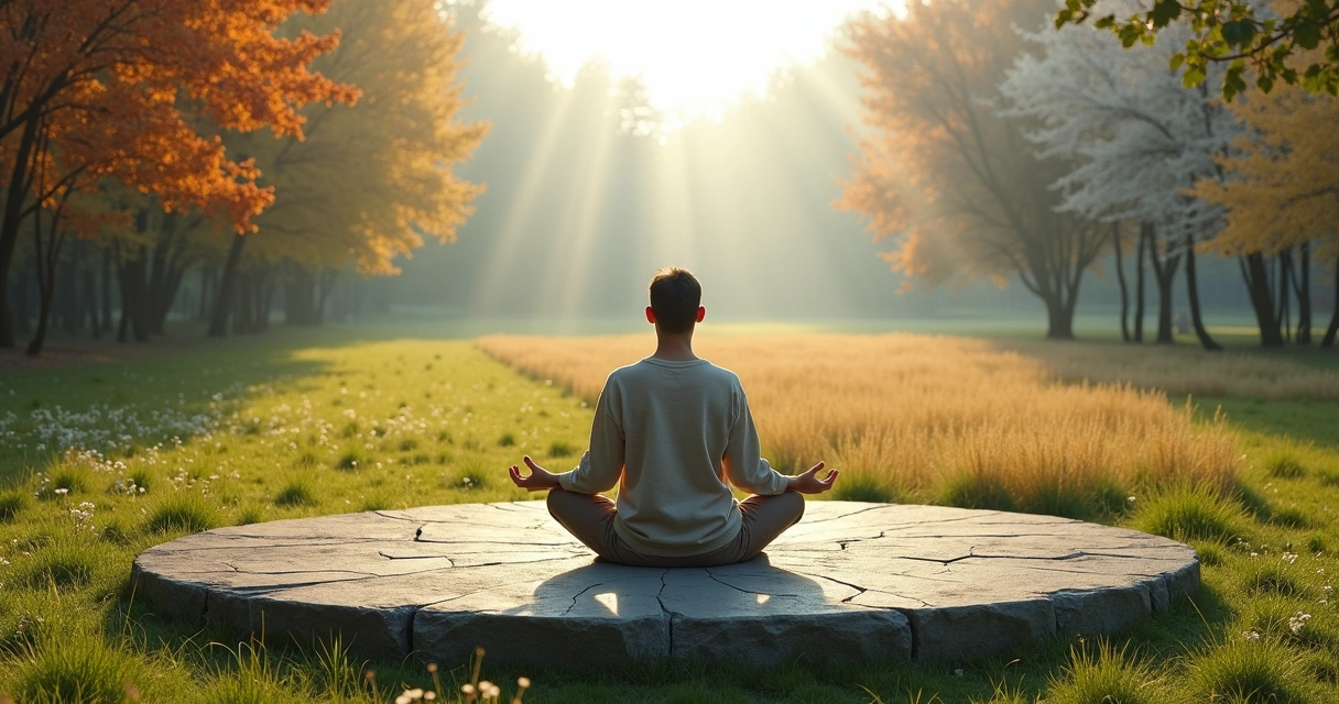 Pessoa meditando ao ar livre com cenário misturando quatro estações do ano 