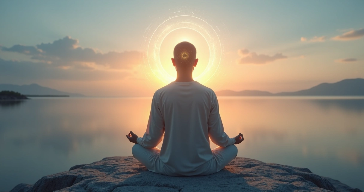 Pessoa meditando em posição de lótus com luz ao redor da cabeça 
