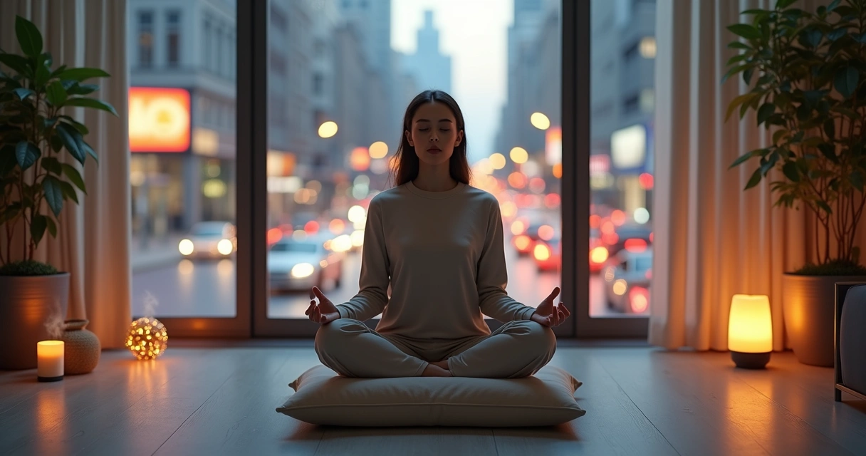 Pessoa meditando em ambiente urbano com muitos estímulos sensoriais ao redor 