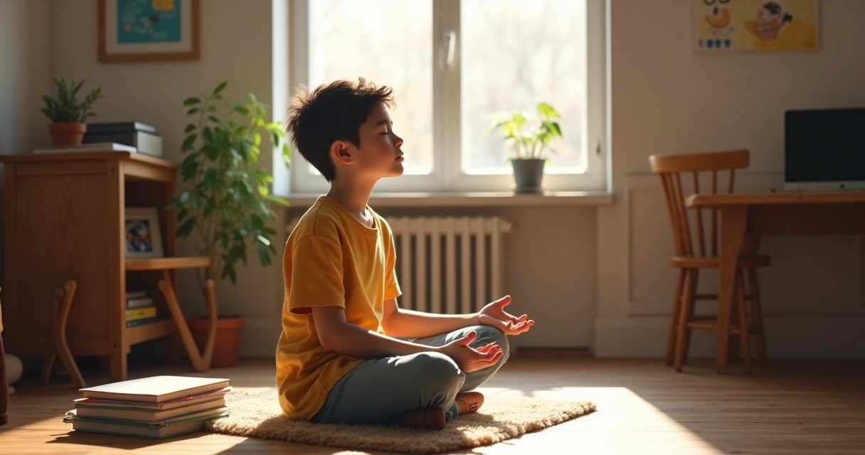 Pessoa sentada em posição de meditação ao lado de livros e cadernos sobre uma mesa de estudos