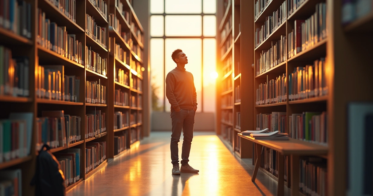 Estudante meditando em pé entre estantes de biblioteca universitária vazia 