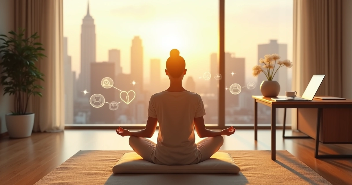 Pessoa meditando em posição de lótus em um escritório moderno ao amanhecer 