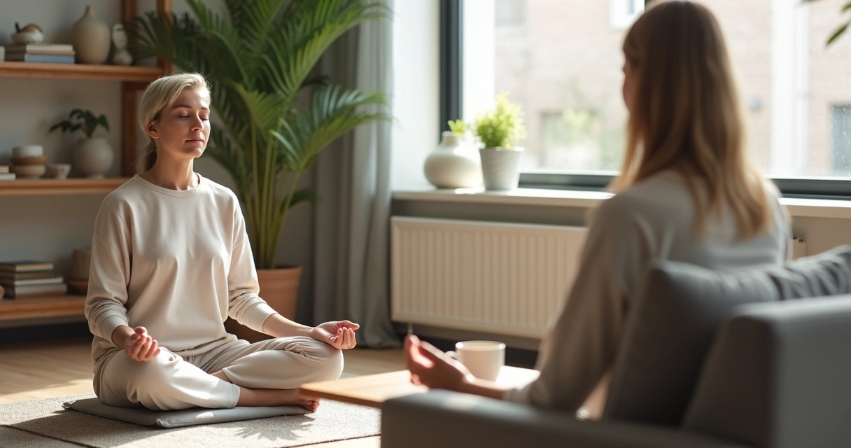 Pessoa meditando em sala de estar enquanto interage de forma harmoniosa com outra pessoa 