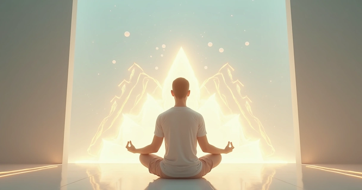 Pessoa sentada meditando em ambiente sereno, com elementos gráficos sugerindo evolução humana 