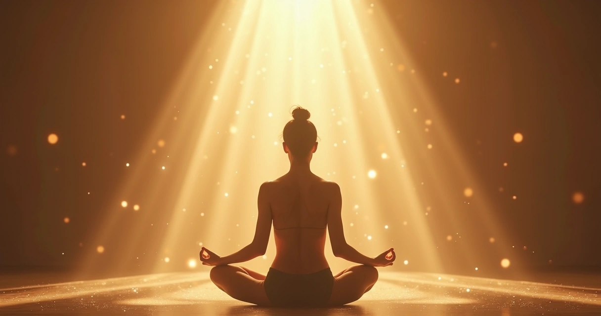Pessoa sentada em posição de meditação com camadas de luz ao redor representando evolução interna