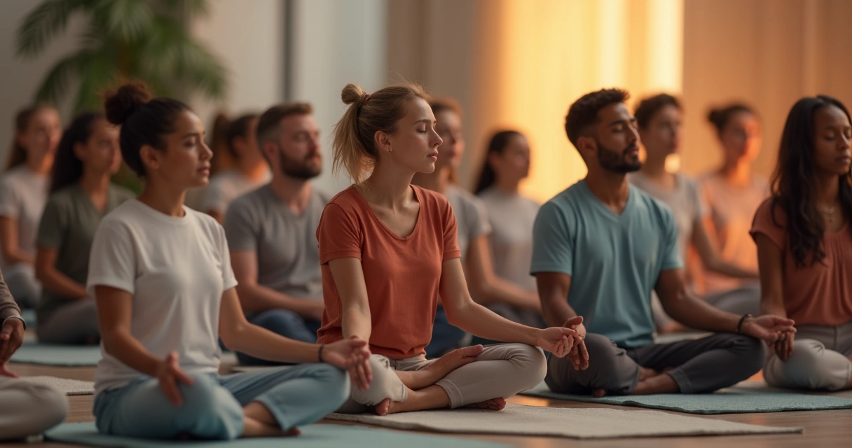 Grupo de pessoas diversas em meditação coletiva, expressão de paz e silêncio 