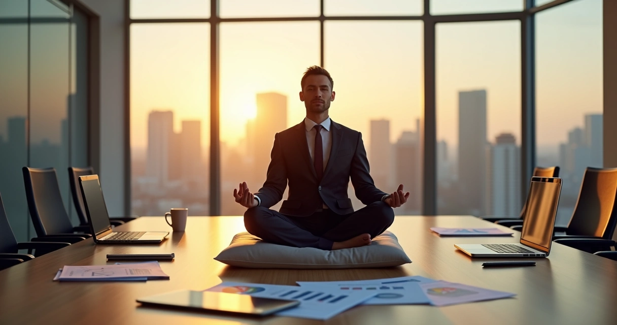 Executivo em posição de meditação em sala de reunião moderna 