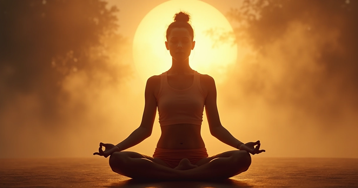 Pessoa em posição de meditação, luz suave e sensação de expansão ao redor 