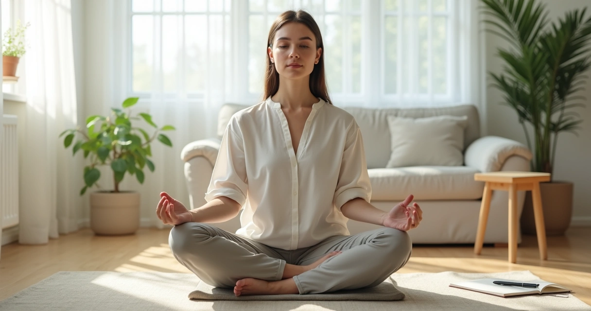 Pessoa meditando sentada em sala clara com expressão serena e reflexiva 