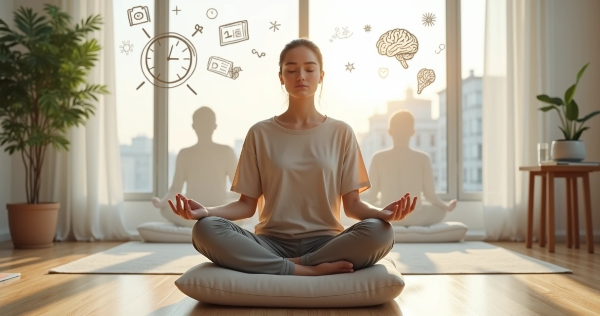 Pessoa meditando em casa com duas versões de si mesma refletidas 