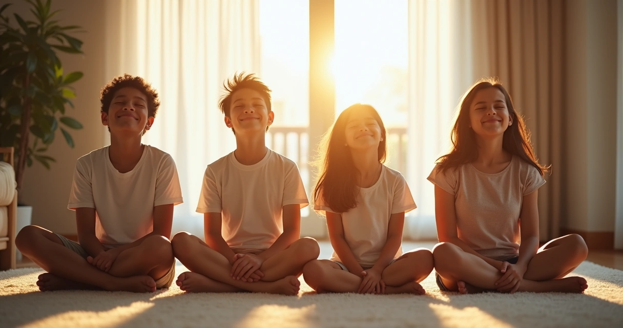 Família reunida em meditação, irradiando paz entre si 