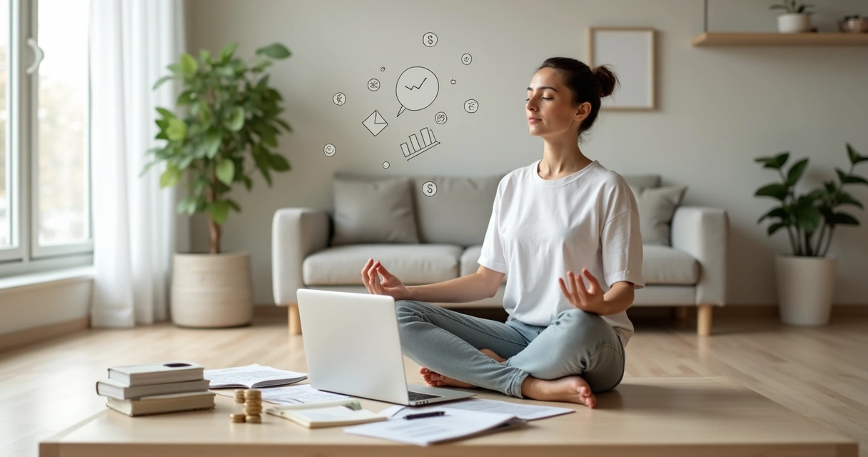 Pessoa meditando em frente a planilhas e símbolos de dinheiro e gráficos 