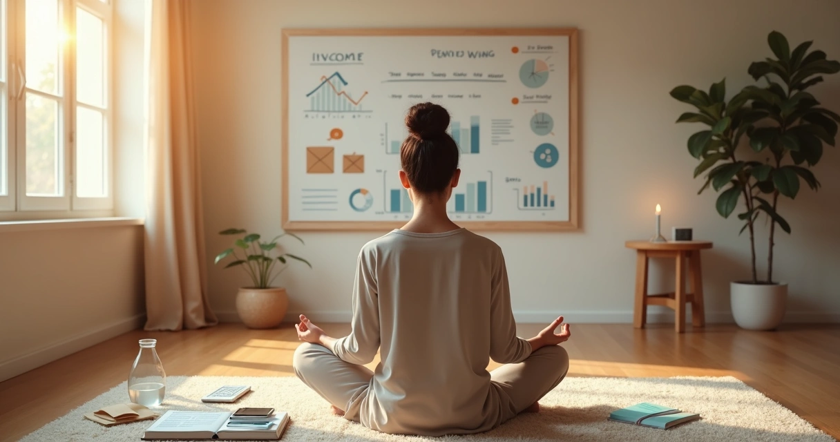 Pessoa meditando em frente a quadro de planejamento financeiro organizado 