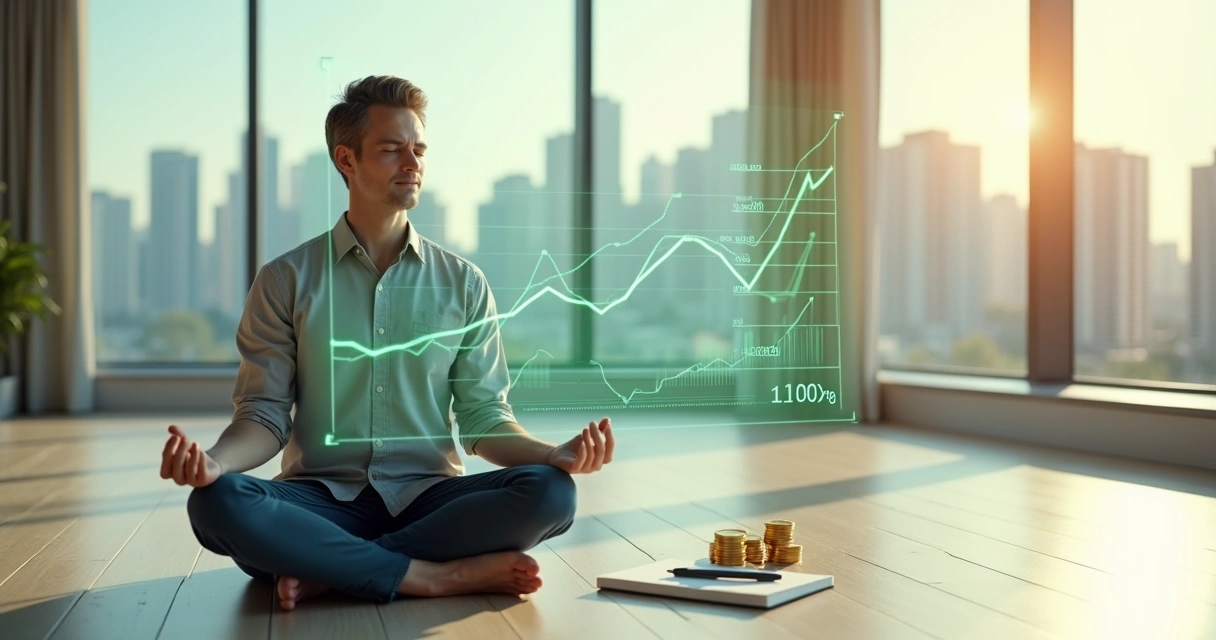 Pessoa meditando em frente a gráficos e moedas simbolizando decisões financeiras conscientes 