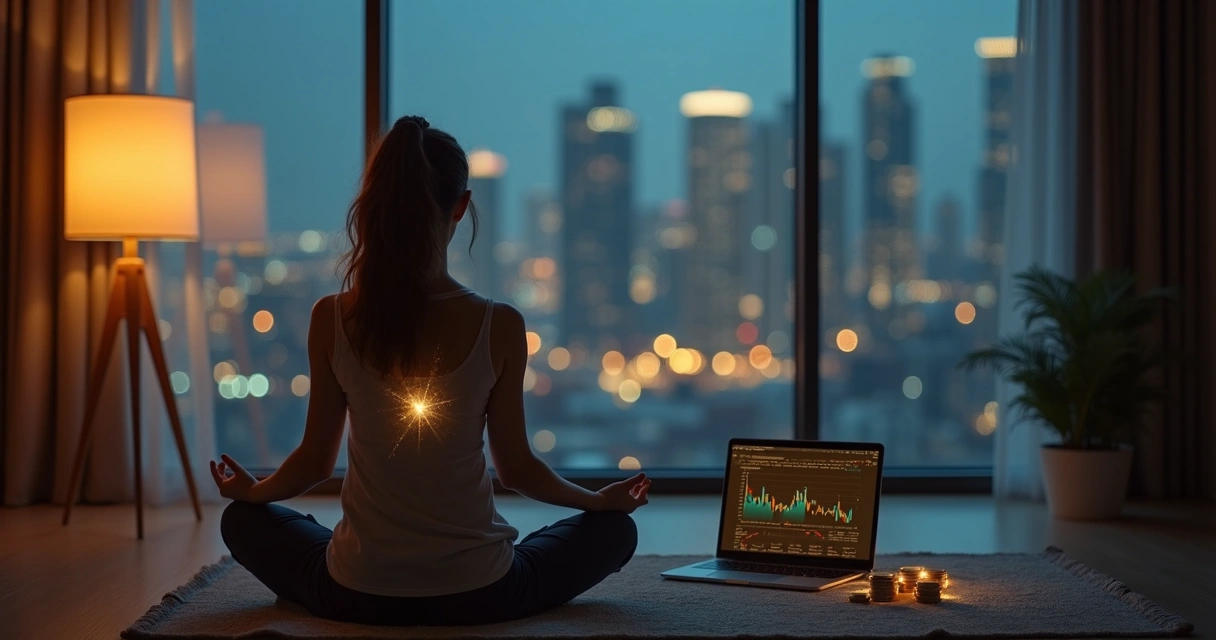 Pessoa meditando diante de quadro financeiro com fluxo de luz dourada 