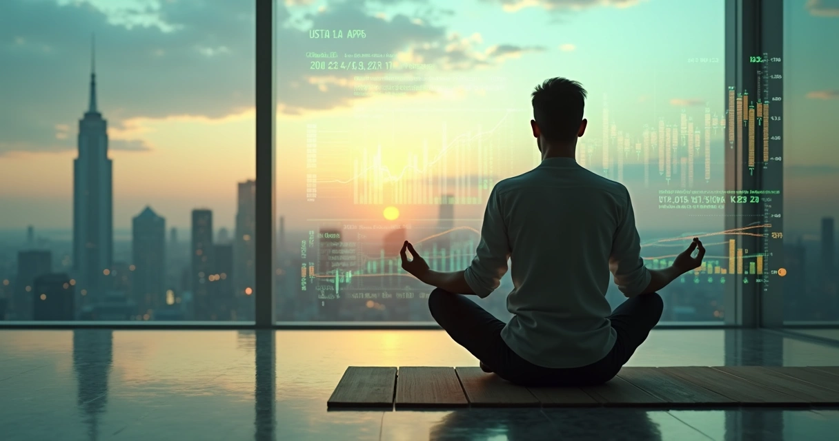 Pessoa meditando em frente a gráficos financeiros e cidade ao fundo 